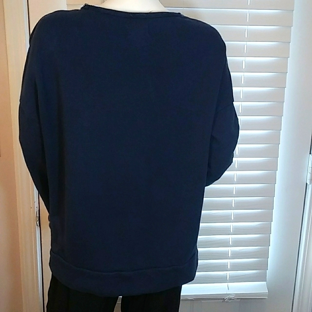 Caslon Navy Blue Pullover Sweatshirt Long Floral Embroidered Sleeves Size S NWOT - Picture 2 of 12